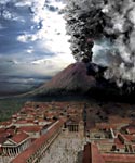 A CGI image showing Vesuvius erupting behind Pompeii