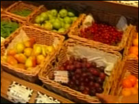 Fruit and veg on display in farm shop