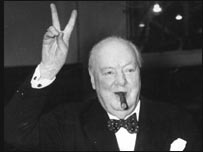 Winston Churchill gives V for victory sign