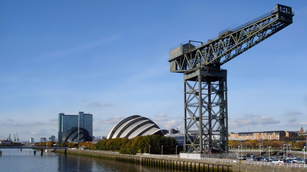 View of the Finnieston Crane and Clyde Auditorium on the River Clyde in Glasgow