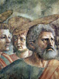 Peter, shown as a man with a grey beard and halo, with other disciples