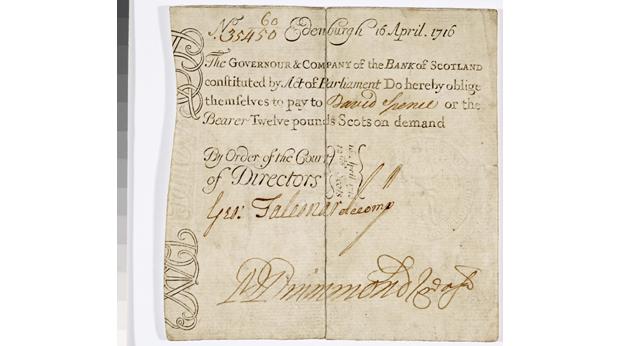 Bank of Scotland banknote for 12 pounds Scots (£1), 1716. Photograph by Antonia Reeve. © Museum on the Mound, Edinburgh.