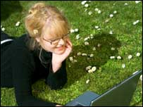 Girl on a laptop in a park