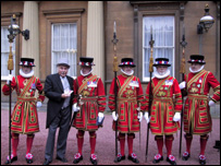 Strasser with guards at Buckingham Palace