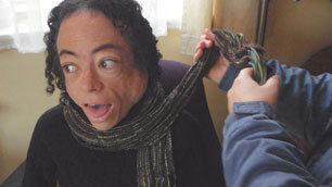 Liz Carr gets scarf access from her PA