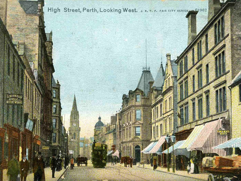 Hand-coloured view looking west along High Street, Perth. Various pedestrians can be seen in early 20th Century clothing. In the background are a double-decker tram and horse-drawn carts.