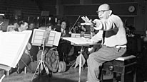 Igor Stravinsky rehearsing with the BBC Symphony Orchestra at the BBC's Maida Vale studios