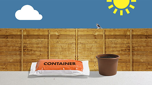A compost bag marked with the word 'container'.