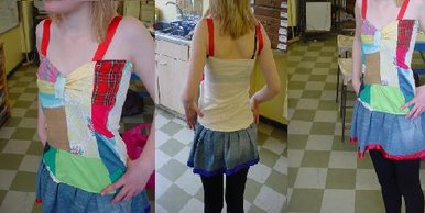 Eco dress with patchwork and ribbon.
