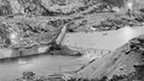 Black and white view of construction site of Pitlochry Dam.