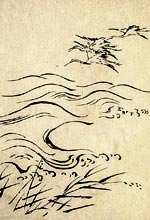 Minimalist Japanese brush sketch of river with reeds and storks flying overhead