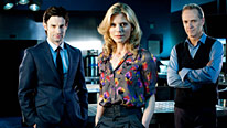 Harry (Tom Ward), Nikki (Emilia Fox) and Leo (William Gaminara) investigate a shooting