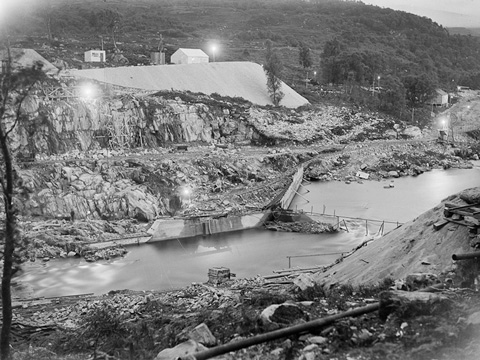 Black and white view of construction site of Pitlochry Dam.