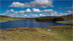 Colour view of a body of water set in a dip between rolling hills under a blue sky with a number of small white clouds. A group of trees sits on land projecting into the water and a silver car is parked in the foreground. 