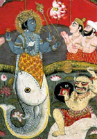 Vishnu emerging from the mouth of a fish in a pond full of lotus flowers. Onlookers are worshipping him while a demon looks defiant and disgruntled