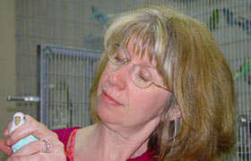 Donna Holmes with long-lived Budgie