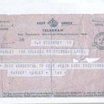 The telegram sent by David's Aunt from liberated Guernsey on 23rd May 1945. Reads, "THIS WONDERFUL TO HEAR AGAIN LOVE GREETINGS - MARGERY HUXLEY". As David comments, she was clearly ecstatic!
