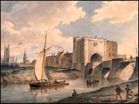 Watercolour of old medieval Westgate Bridge