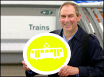 Man holding a tram sign