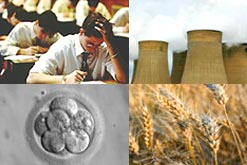 Images of modern science: Schoolchildren in an exam, a power station, an embryo, wheat