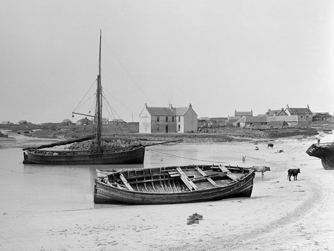 Black and white view of Scarinish, showing a curving, sandy bay in which an open-decked, single-masted boat and a smaller dinghy are moored. Another open decked boat lies beached in the foreground. A number of cows can be seen on the beach and there is a scattered collection of single and two-storey buildings in the background.