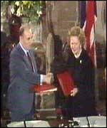 Margaret Thatcher and Francoise Mitterand 