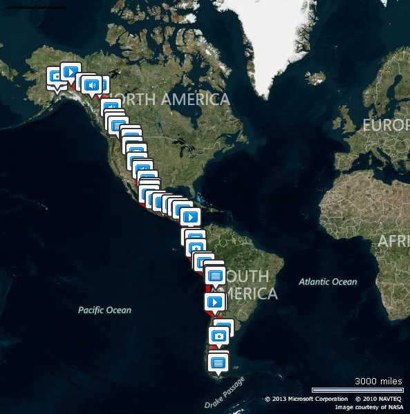 A map of Mark's route down the Americas.