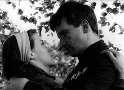 Black and white still of a couple from the film of George Orwell's1984