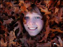 Smiley face sticking out of oak leaves