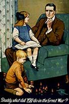 Recruitment poster showing father and two children. Caption reads 'Daddy, what did you do in the Great War?'