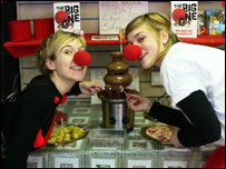 Kim and Alice enjoy the chocolate fountain