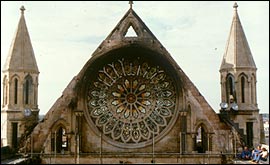 The gable and Rose Window after the fire
