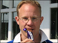 Keith Beech munching on some well needed chocolate