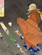 Kobayakawa Takakage standing and talking to the kami of the mountain, which are visible in flashes of light
