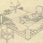 A Morrison Shelter being used as a table. (From a war-time Public Information Sheet).