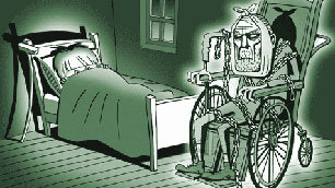 Tiny Tim cowers in bed as the Ghost of Pathetic Disableds appears in his wheelchair
