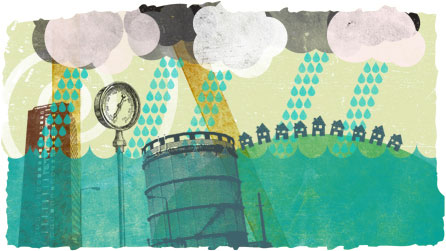 Graphic illustration showing green hills, a power station and rain clouds.