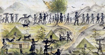 This image from the log of the slave ship 'Sandown' was drawn by captain Samuel Gamble in 1793. It shows the Fulani people bringing captives to the coast to sell to European slave ships
