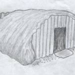 Corrugated-iron Anderson Shelter at 18 The Green, East Acton 1939. As installed by the Council: just a tin box in a hole with 2 benches. No steps access, door, splinter-proof blast wall to protect the entrance or weather protection as officially recommended. ARP was very DIY. picture: Brian Brooks