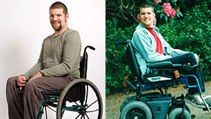 Laurence Clark in a manual wheelchair on the left, and in a powerchair on the right