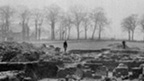 Black and white view of excavations of Roman fort at Mumrills. A line of trees and two large houses can be seen in the background.