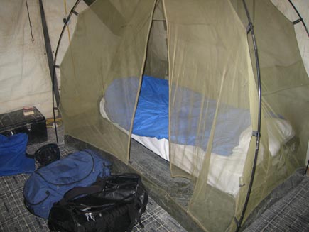 Tent of an army soldier covered with mosquito net