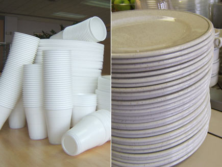 First half: Pile of polystyrene plates and cups. Second half: Ceramic plates