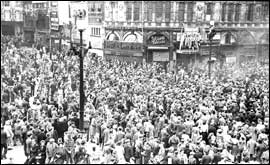 Crowds gathered for VE Day at Picadilly Circus in London
