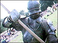 View from Graham Field's 'HelmCam' mid-battle at the Tewkesbury Medieval Festival
