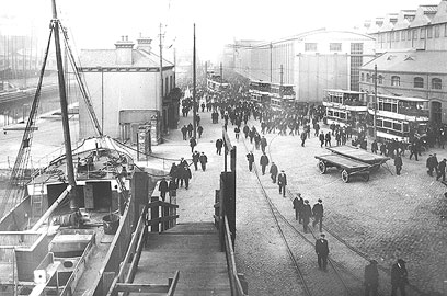 shipyard workers leaving work