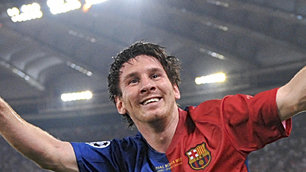 barcelona's Lionel Messi celebrates scoring a goal against Manchester United in 2009