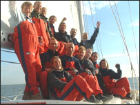 The jersey crew celebrating on board shortly after crosiing the finishing line