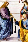 Jesus gives keys to a kneeling Peter