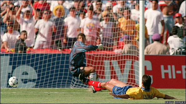 Andres Escobar scores an own goal
